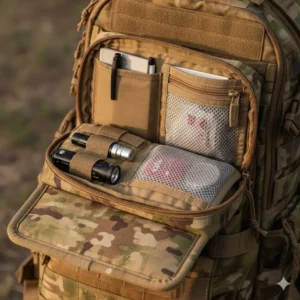 Interior view of organized gear and elastic loops inside various velcro backed pouches.