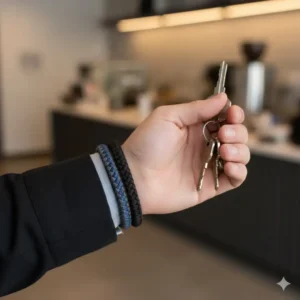 A person wearing a black key short lanyard around their wrist for easy access.