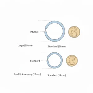 Size comparison chart showing various diameters of a circular ring key ring next to a standard coin.