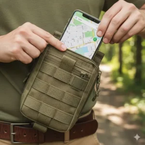 An illustration showing a large smartphone fitting easily into a universal tactical phone pouch.