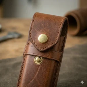 Close-up view of the high-quality stitching on a leather folding knife sheath.