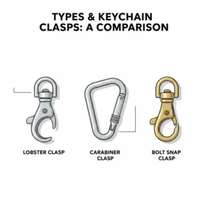 A comparison guide of different styles for a keychain with clasp including lobster and carabiner designs.