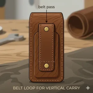 Rear view showing the heavy-duty belt loop of a folding knife sheath.