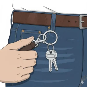 An illustration showing a metal keychain with clasp attached securely to a denim belt loop.