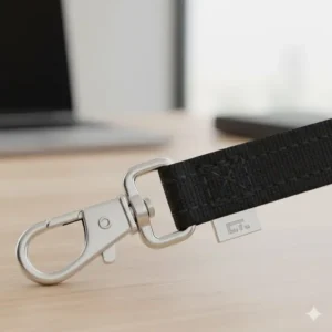 Close-up detail of the durable nylon stitching and hardware on the key short lanyard.