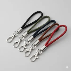 A collection of a keychain short lanyard in various colors including black, olive, navy, and red.