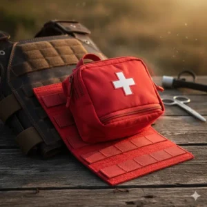 A red emergency medical IFAK kit designed as removable velcro backed pouches.