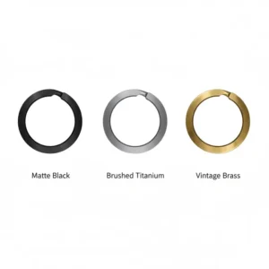 A variety of ring key ring finishes including matte black, brushed titanium, and vintage brass.