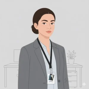 A professional wearing a key ring lanyard to hold an office ID badge and electronic access card.