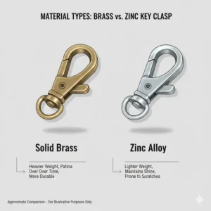 Illustration comparing a solid brass key clasp versus a zinc alloy version.