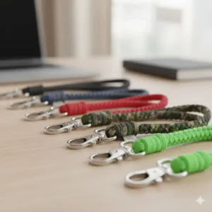 A variety of colorful options for the key short lanyard including red, blue, and camo.