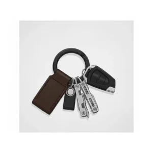 Tactical EDC setup featuring a heavy-duty ring key ring attached to a leather fob and multitool.