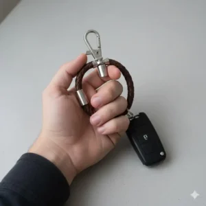 A person holding a keychain short lanyard looped around their finger for a secure grip.