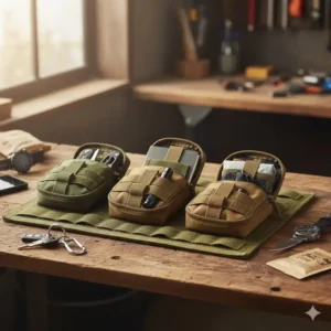 Everyday carry (EDC) tools neatly organized within compact velcro backed pouches.