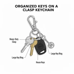 Several house keys organized on a heavy duty keychain with clasp for easy access.