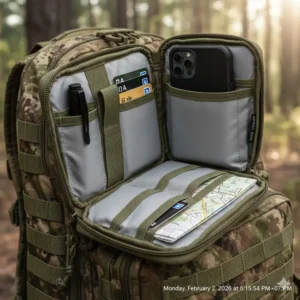 The interior of a tactical phone pouch showing padded lining and extra slots for credit cards or pens.