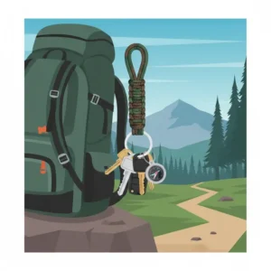 A rugged braided paracord key ring lanyard attached to a backpack for outdoor and hiking use.