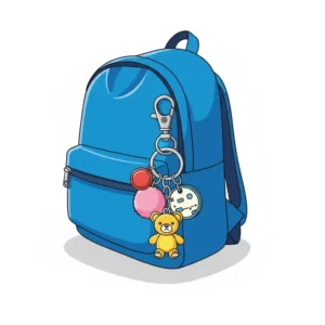 A decorative keychain with clasp used as a stylish charm attached to a blue backpack.