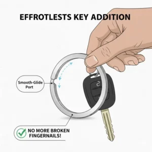 Illustration showing how to easily slide a car key onto a flat-profile ring key ring.