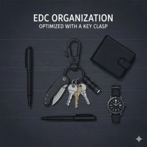 Everyday carry organization featuring a black matte key clasp with a pocket knife.