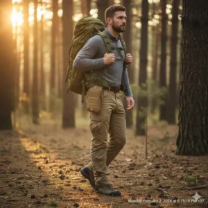 A hiker wearing a coyote brown tactical phone pouch on their belt while trekking through a forest.