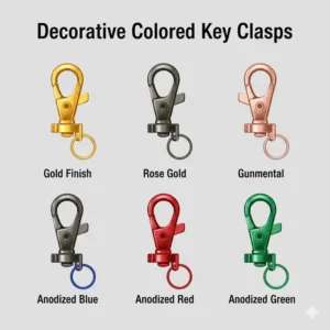 A collection of various colored anodized aluminum key clasp options.