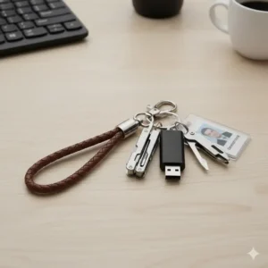 A keychain short lanyard attached to multiple office essentials like a USB drive and ID badge.