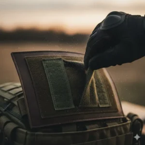 A hand demonstrating the quick-release tear-away function of velcro backed pouches.