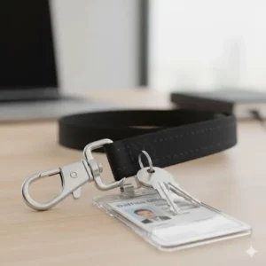 A professional key short lanyard used for an office ID badge and security keys.