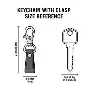 A technical drawing showing the standard 2 inch dimensions of a keychain with clasp.