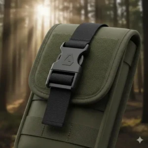 An illustration highlighting the dual-locking system of a tactical phone pouch with both Velcro and a quick-release buckle.