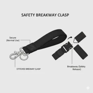 Close-up view of the safety breakaway feature on a professional key ring lanyard design.