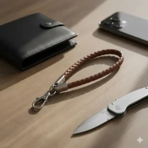 Everyday carry flat lay featuring a keychain short lanyard alongside a smartphone and pocket knife.