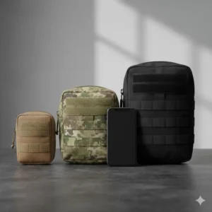 A clear size comparison guide featuring small to large velcro backed pouches next to a phone.