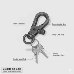 Close up illustration of a heavy duty locking screw gate key clasp for security.