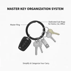 An organized key management system using one large ring key ring to hold multiple smaller sub-rings.