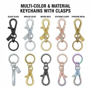 A collection of various metal finishes for a keychain with clasp including matte black and silver.