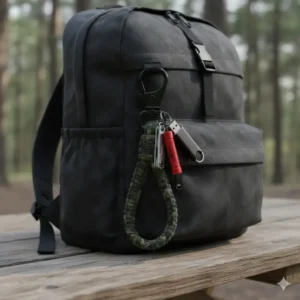 A tactical key short lanyard attached to a backpack for outdoor EDC use.