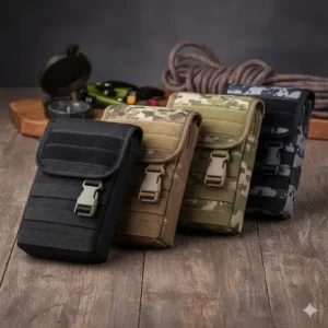 A variety of tactical phone pouch designs displayed in different camouflage patterns, olive drab, and flat black.