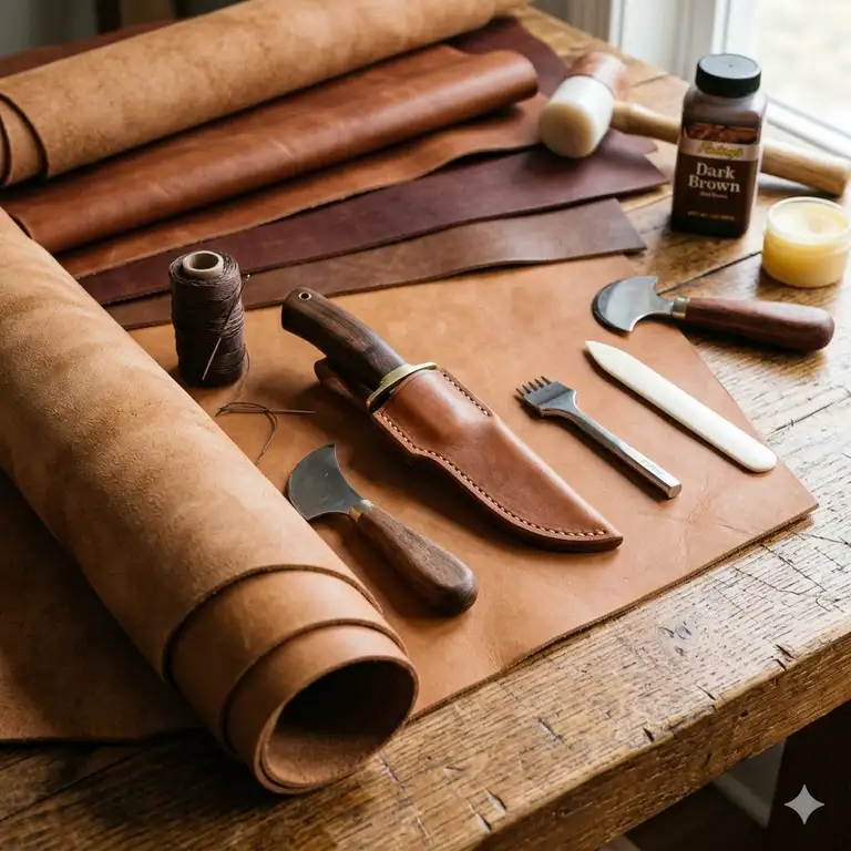 A professional workbench with tools and premium leather for knife sheath making.