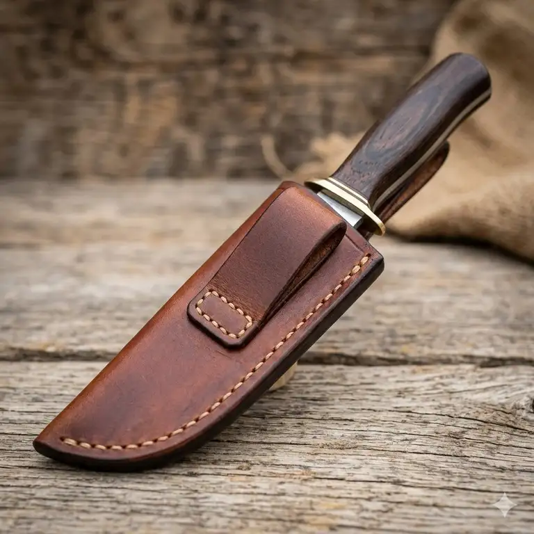 Featured Image: A handcrafted brown leather fixed blade sheath with a belt loop attachment shown next to a survival knife.