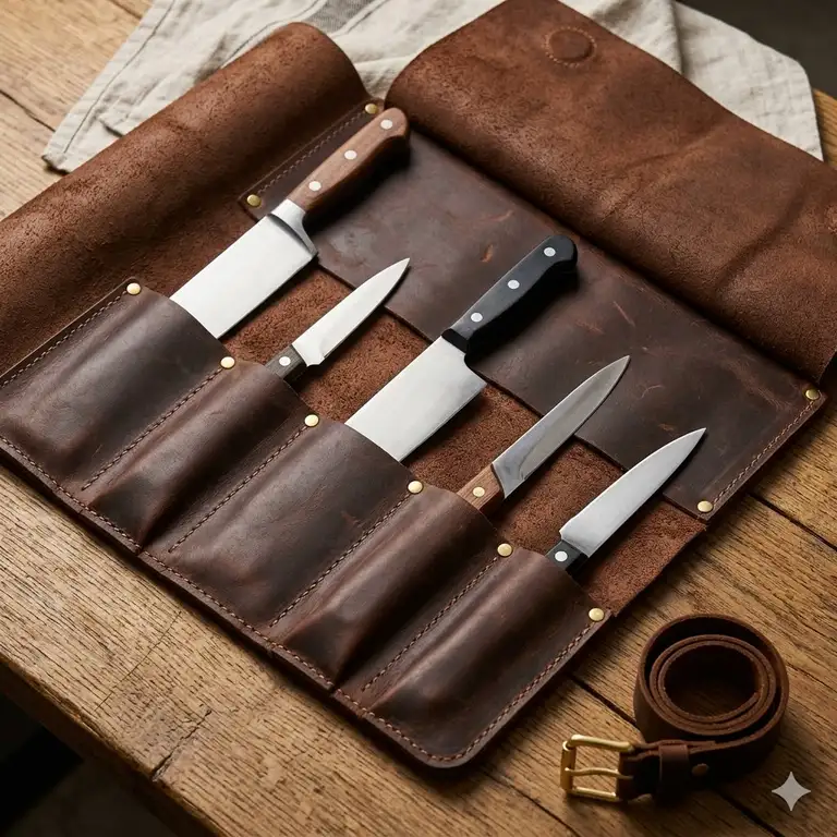 A premium handmade brown leather knife case roll displayed open to show various kitchen knives.
