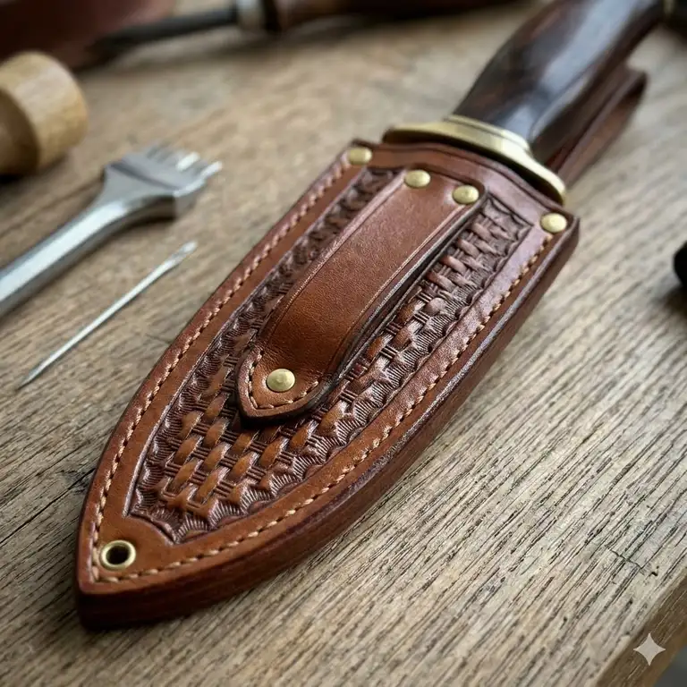 Featured Image: A premium handcrafted product showing high-quality custom knife sheaths leather with detailed stitching.