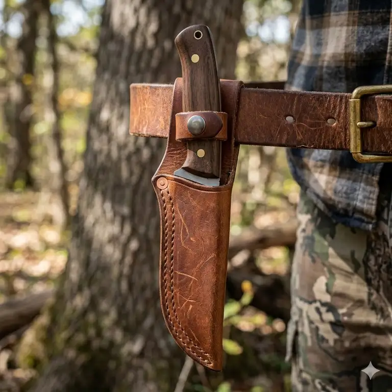 A premium handmade brown leather sheath attached to a utility belt holding a fixed-blade hunting knife.