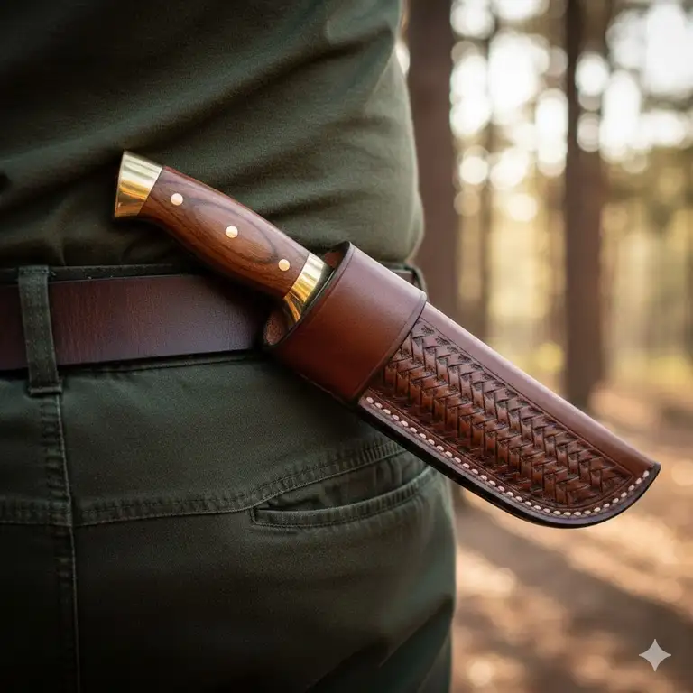 A premium brown leather horizontal knife scabbard mounted on a belt for scout-style carry.