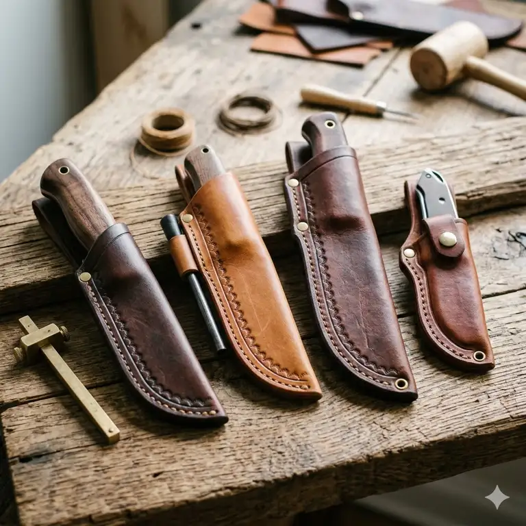 A collection of premium handmade leather sheaths for knives displayed on a rustic wooden workbench.