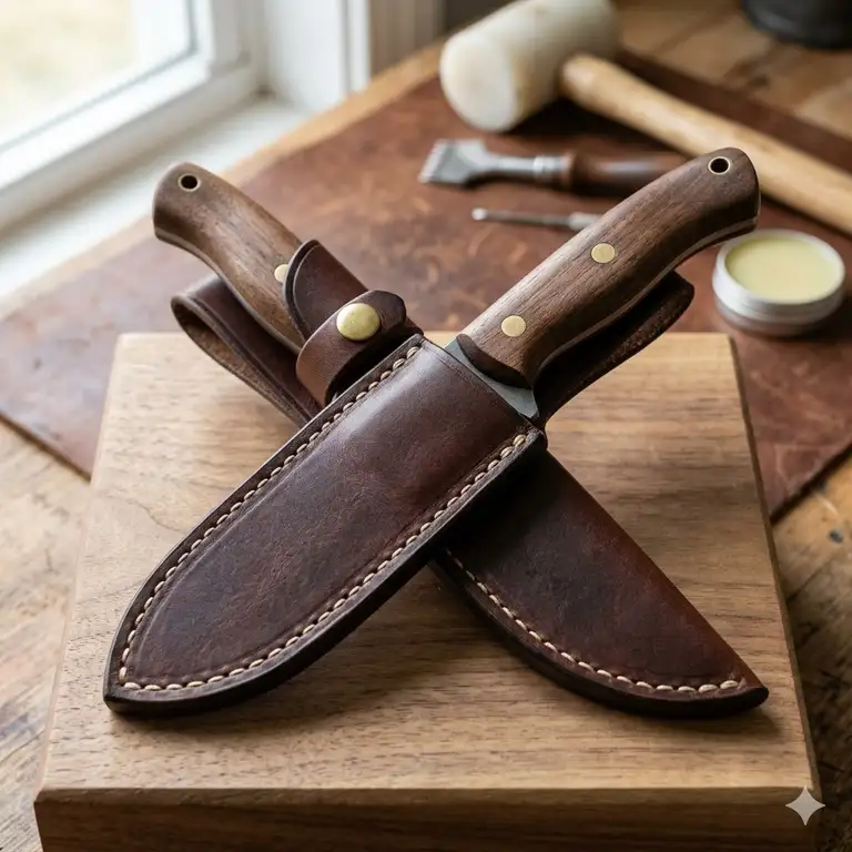 A premium handcrafted brown leather fixed blade knife sheath with reinforced stitching and a belt loop attachment.