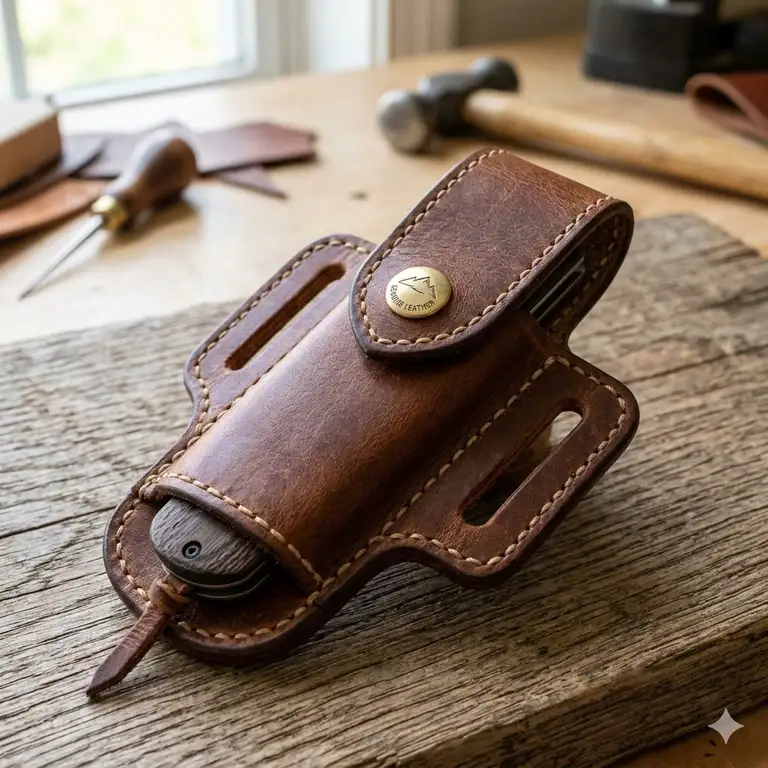 A handcrafted premium leather folding knife sheath with a secure snap closure and belt loop.