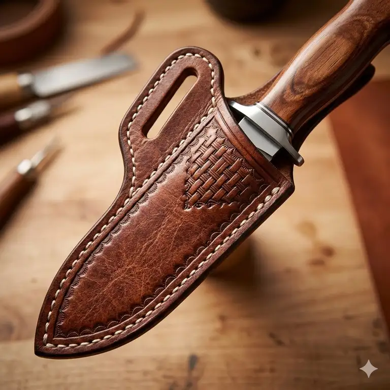 A handcrafted leather knife sheath custom made for a fixed-blade hunting knife with intricate detailing.