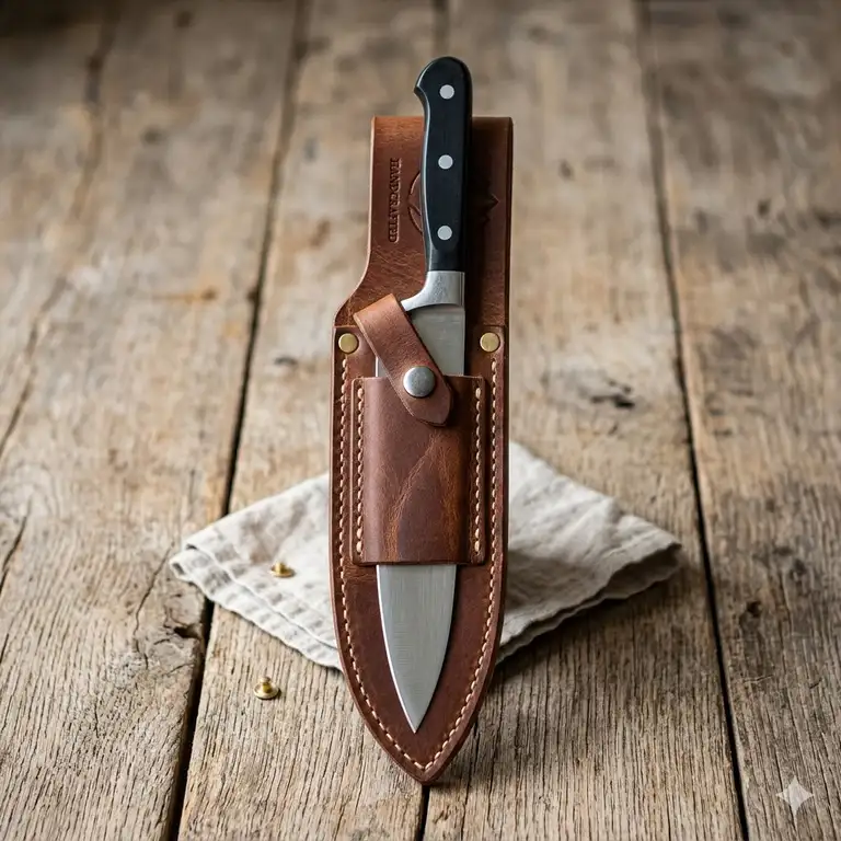 A handcrafted premium brown leather knife holder displayed on a rustic wooden table.